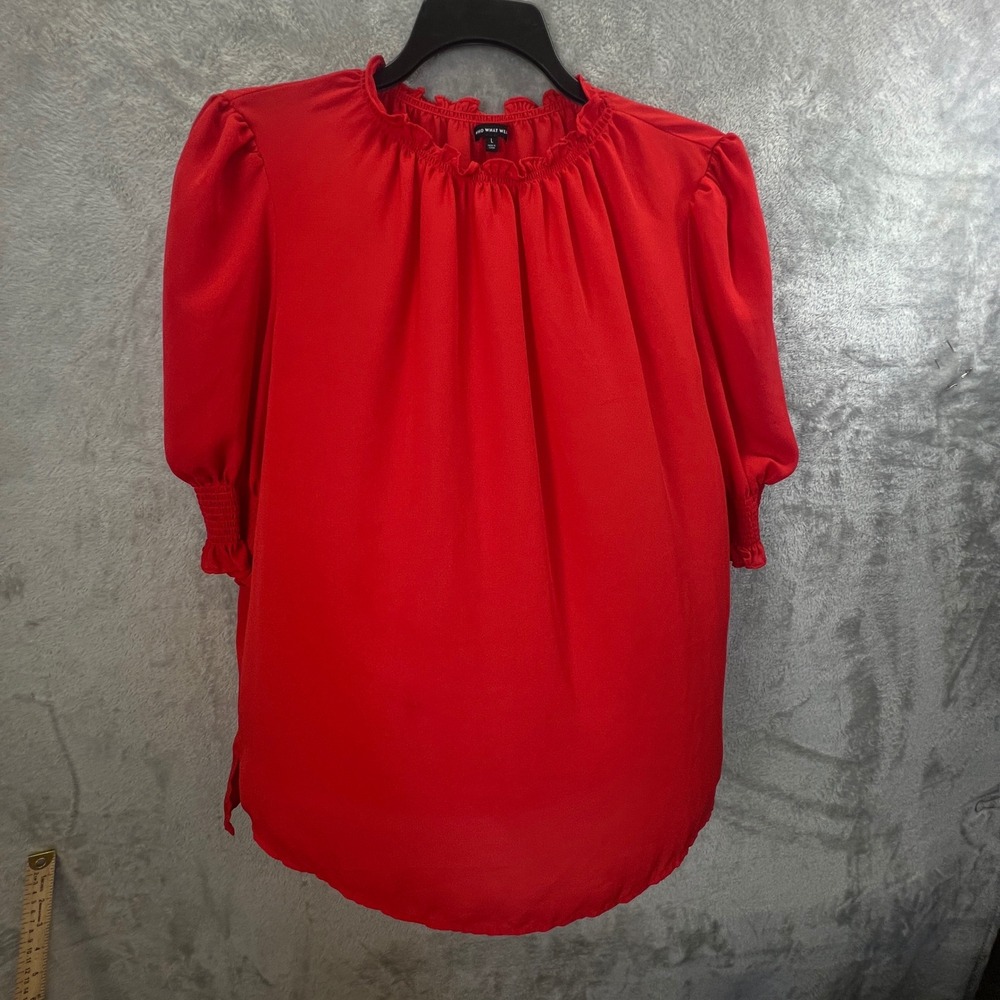 Red Ruffle Neck Blouse Smocked Cuff 3/4 Sleeve Top Sz L Victorian Regencycore